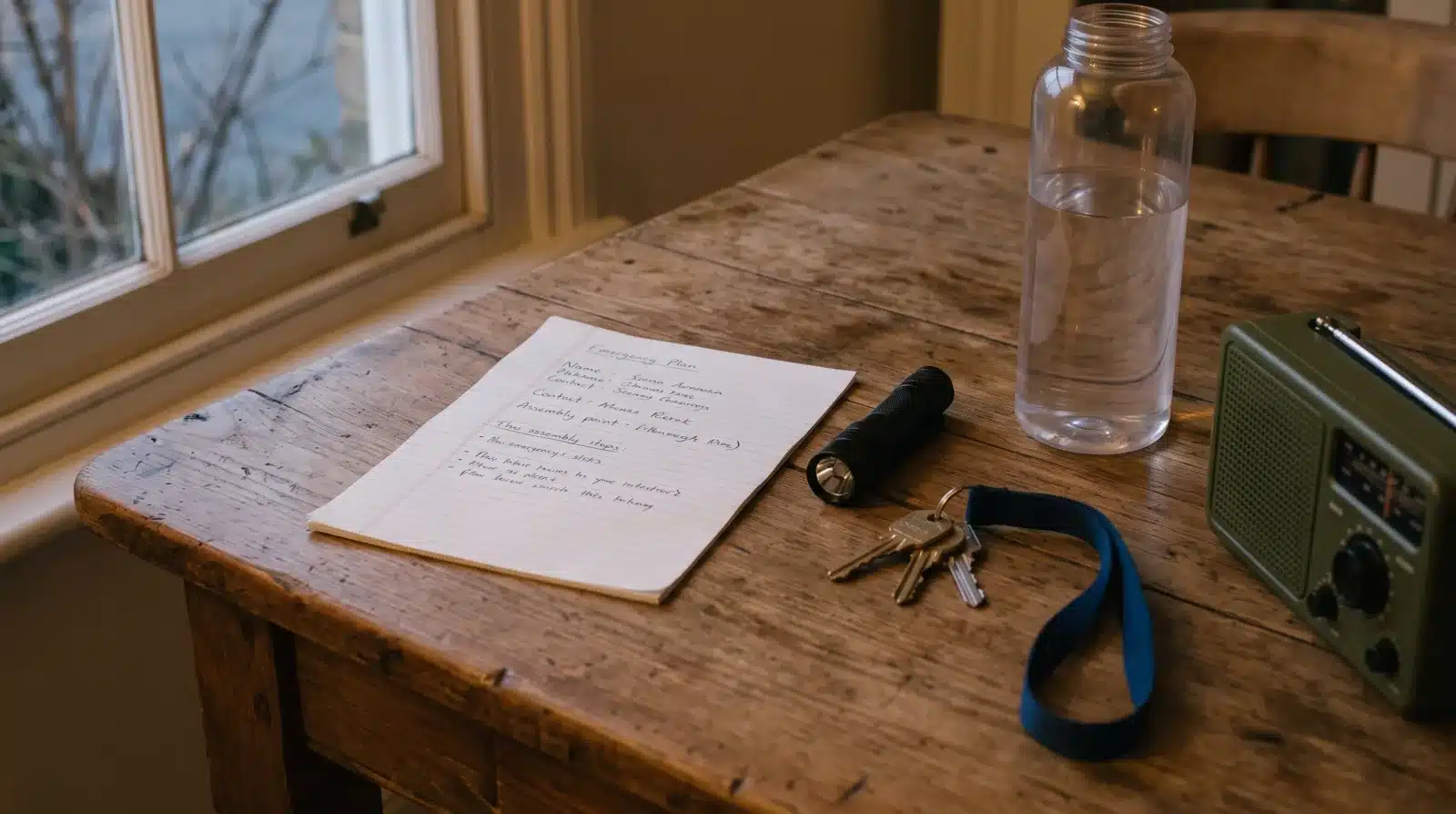 A kitchen table with a handwritten emergency plan, torch, keys, water bottle and battery radio