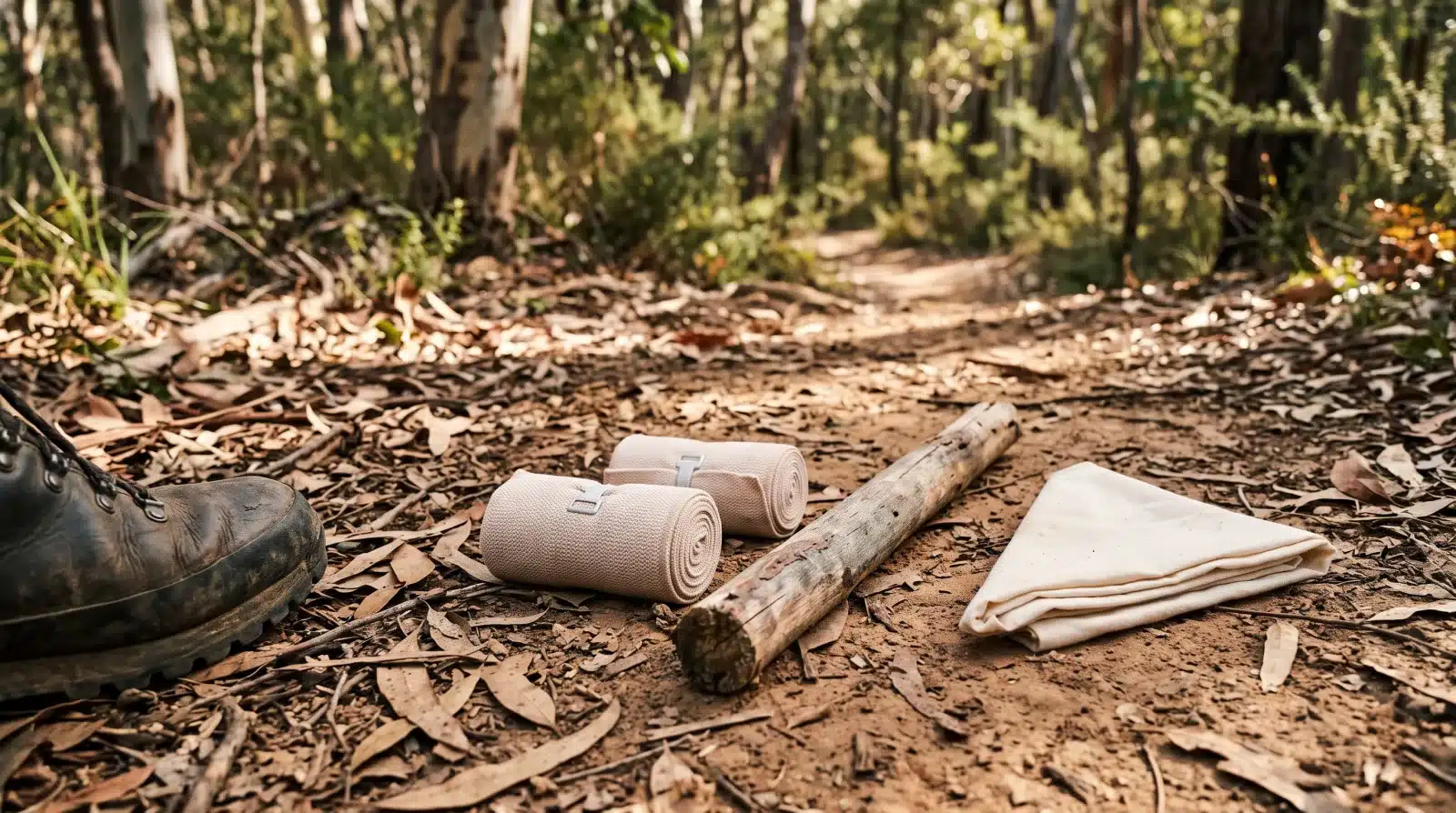 Two rolled elasticised bandages, a splint stick and a triangular bandage on a bush track